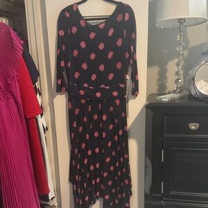 Boden Navy and Pink Polka Dot Long Sleeve Dress